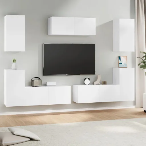 Set de Muebles Para TV 7 Piezas Madera Contrachapada Blanco