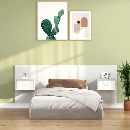 Cabecero de Cama Con Mesitas Madera Contrachapada Blanco