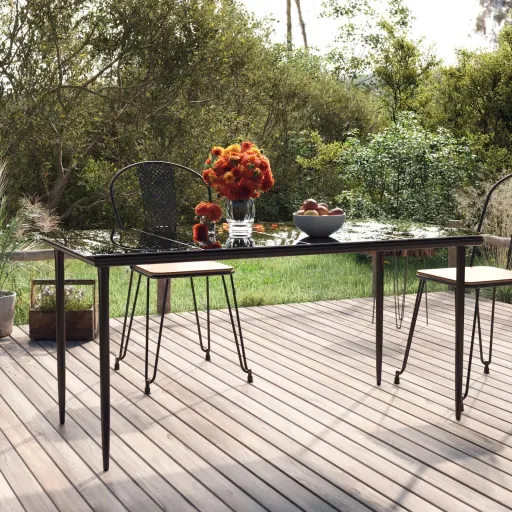 Mesa Comedor Jardín Acero y Vidrio Templado Negro 160x80x74 cm