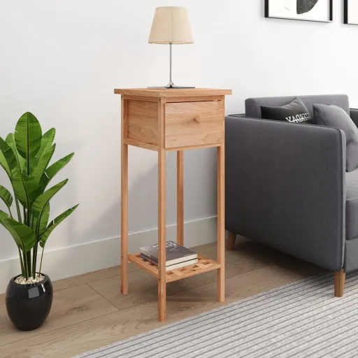 Mesa Auxiliar Con Cajón Madera Maciza Nogal 25x25x60 cm