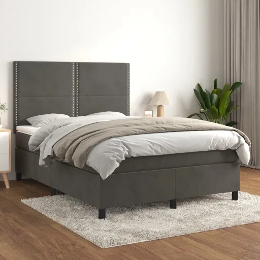 Cama Box Spring Con Colchón Terciopelo Gris Oscuro 140x190 cm