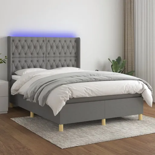 Cama Box Spring Colchón y Luces LED Tela Gris Oscuro 140x200 cm