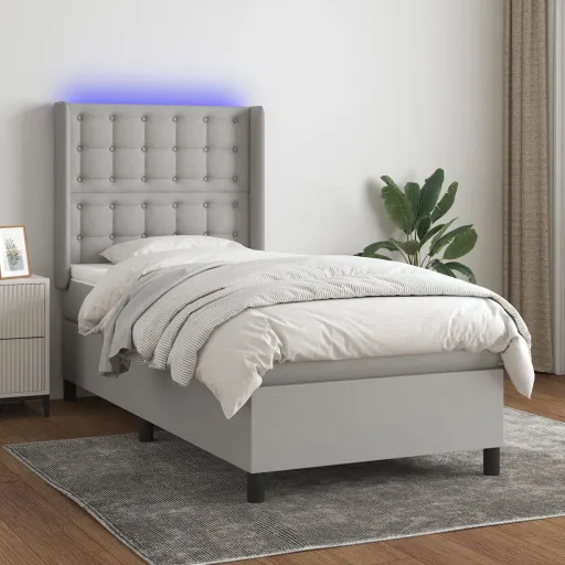 Cama Box Spring Colchón y Luces LED Tela Gris Claro 90x190 cm