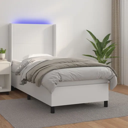 Cama Box Spring y Colchón LED Cuero Sintético Blanco 90x190 cm