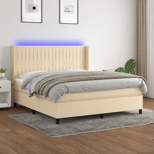 Cama Box Spring Colchón y Luces LED Tela Crema 160x200 cm