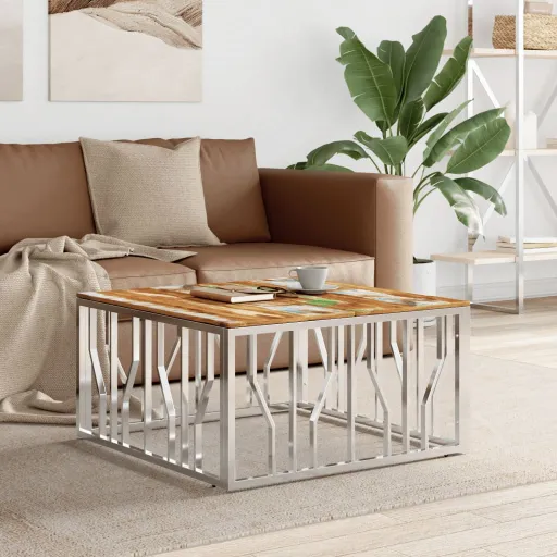 Mesa de Centro Acero Inoxidable y Madera Reciclada Plateada