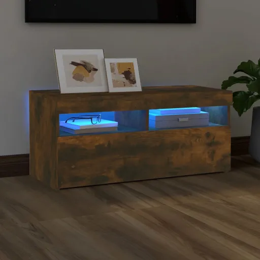 Mueble de TV Con Luces LED Roble Ahumado 90x35x40 cm