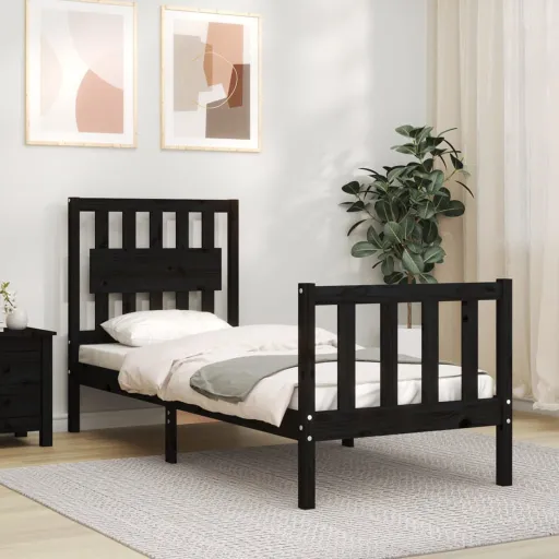 Estructura de Cama Individual Con Cabecero Madera Maciza Negro