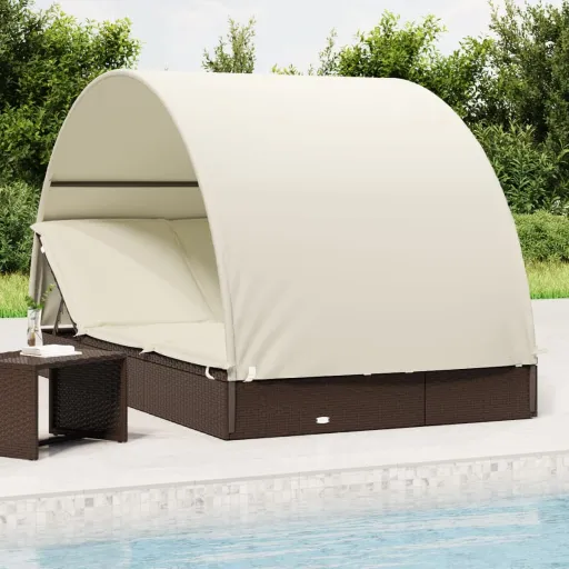 Tumbona 2 Personas Toldo Redondo Ratán PE Marrón 211x112x140 cm