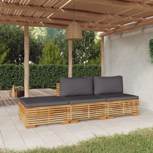 Juego Muebles de Jardín 3 Piezas y Cojines Madera Maciza Teca