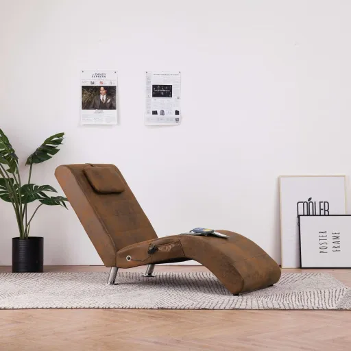 Diván de Masaje Con Almohada de Piel de Ante Artificial Marrón