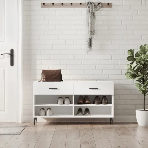 Banco Zapatero Madera de Ingeniería Blanco Brillo 102x35x55 cm