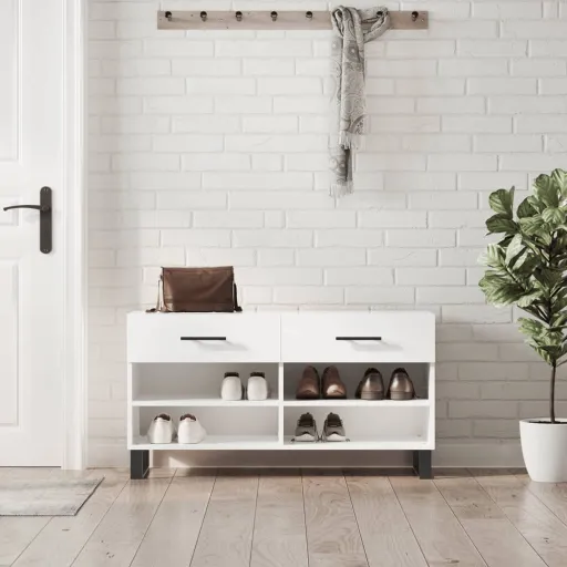 Banco Zapatero Madera de Ingeniería Blanco Brillo 102x35x55 cm