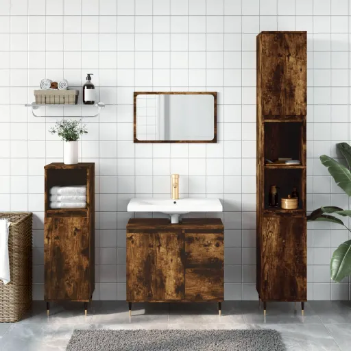 Armario de Baño Madera Contrachapada Roble Ahumado 30x30x190 cm