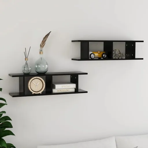 Estante de Pared 2 Uds Madera Contrachapada Negro 75x18x20 cm