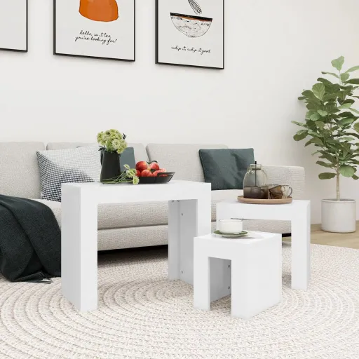 Mesas de Centro Apilables 3 Piezas Madera Contrachapada Blanco