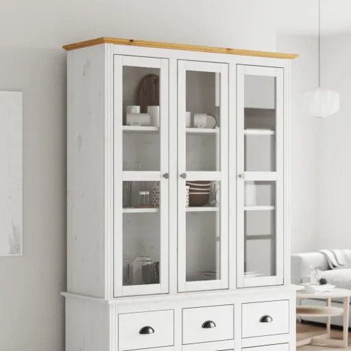 Armario Con Puertas de Vidrio BODO Madera de Pino Blanco Marrón