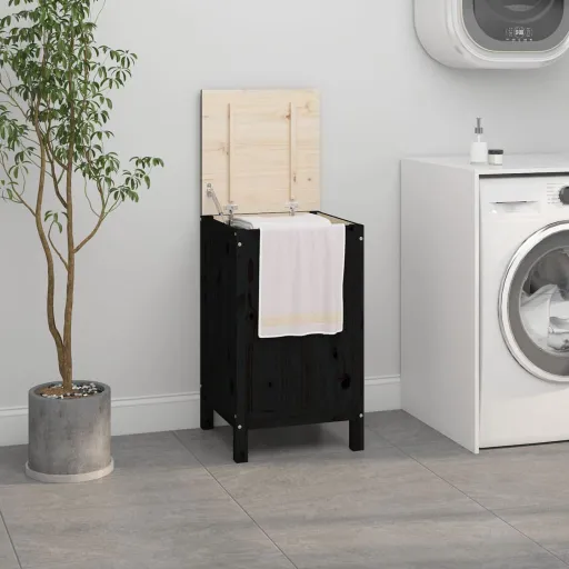 Baúl Para la Colada Madera Maciza de Pino Negro 44x44x76 cm