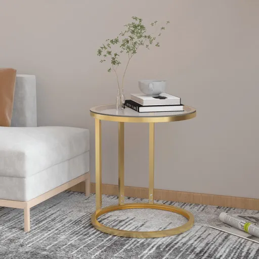 Mesa Auxiliar Vidrio Templado Transparente y Dorado 45 cm