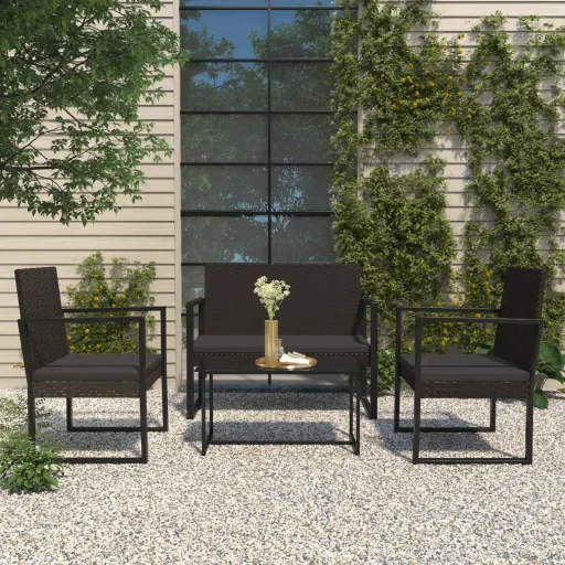 Banco de Jardín Con Cojines Ratán Sintético Negro 106 cm