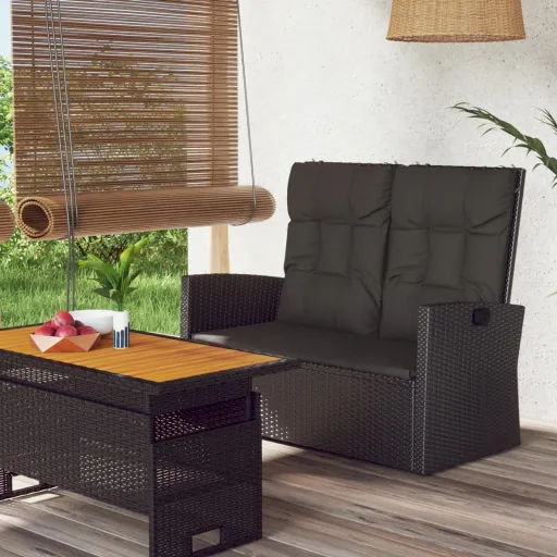 Banco Jardín Reclinable y Cojines Ratán Sintético Negro 118 cm