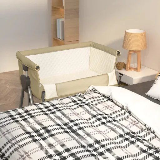 Cuna Con Colchón Tela de Lino Gris Taupe
