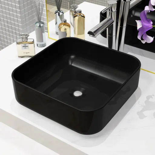 Lavabo Cuadrado de Cerámica Negro 38x38x13,5 cm