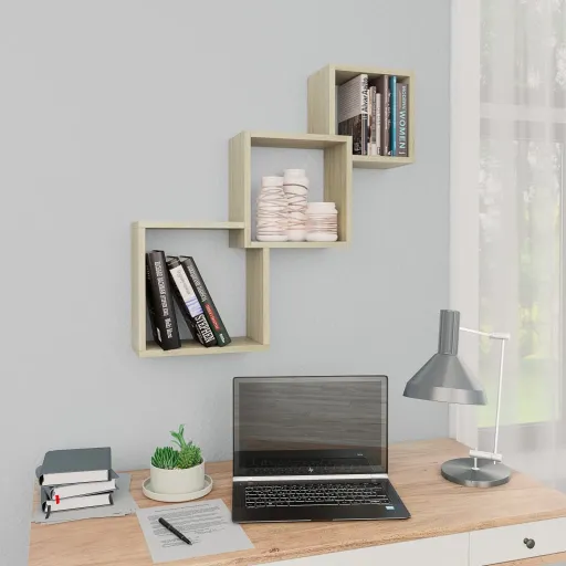 Estante de Pared de Cubo Contrachapada Color Roble 68x15x68cm