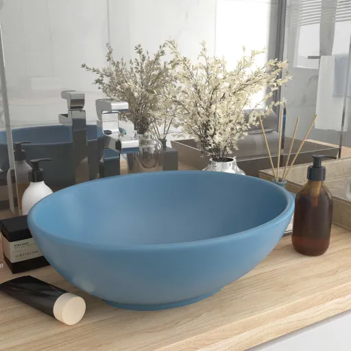 Lavabo de Lujo Ovalado Cerámica Azul Claro Mate 40x33 cm