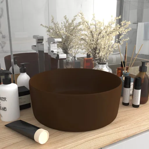 Lavabo de Lujo Redondo Cerámica Marrón Oscuro Mate 40x15 cm