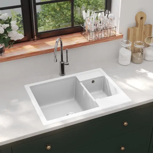 Fregadero de Cocina Doble Seno Con Rebosadero Granito Blanco