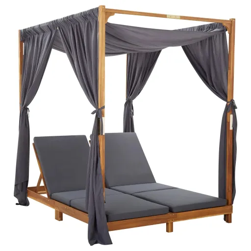 Tumbona Doble Con Cortinas y Cojines Madera Maciza de Acacia