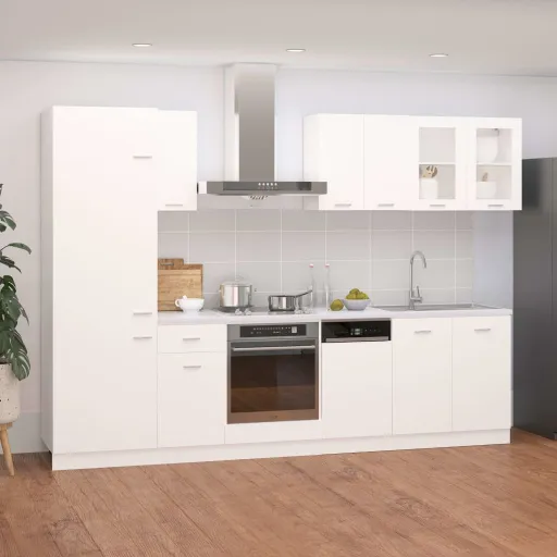 Conjunto de Armarios de Cocina de 8 Piezas "Lyon" de Madera de Ingeniería Blanca