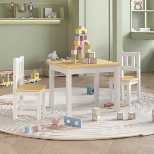 Mesa y Silla Infantil 3 Pzas MDF Blanco y Beige