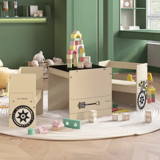 Mesa y Sillas Infantiles 3 Pzas Diseño Coche Todoterreno MDF