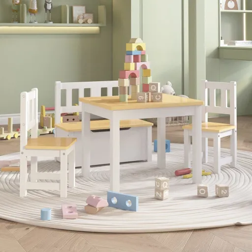 Mesa y Sillas Infantiles 4 Piezas MDF Blanco y Beige