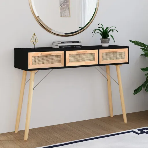 Mesa Consola Madera Pino Maciza Ratán Natural Negro 105x30x75cm
