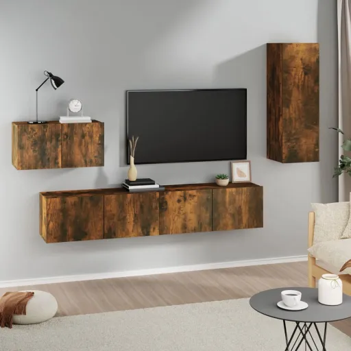 Set de Muebles de TV 4 Pzas Madera Contrachapada Roble Ahumado