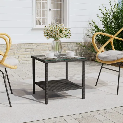 Mesa Auxiliar Vidrio Templado Ratán Sintético Negro 45x45x45 cm