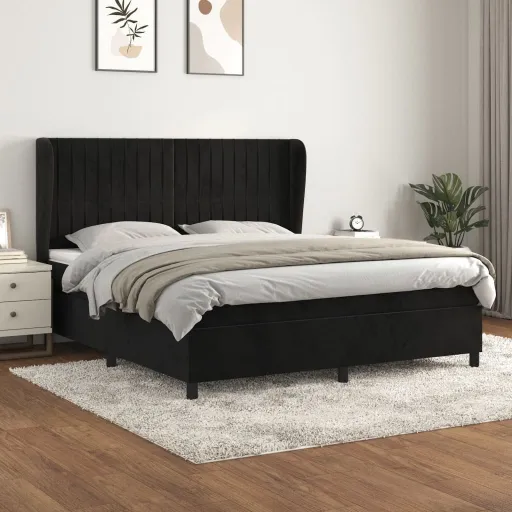 Cama Box Spring Con Colchón Terciopelo Negro 160x200 cm