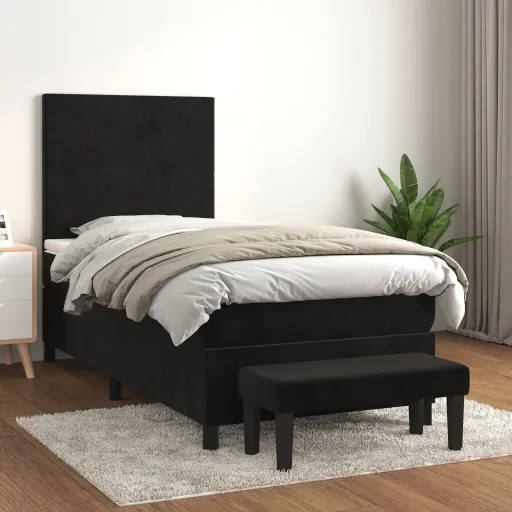 Cama Box Spring Con Colchón Cuero Sintético Negro 90x190 cm
