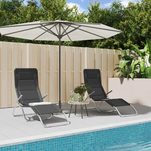 Tumbona Plegable 2 Uds Textilene Acero Con Recubrimiento Negro