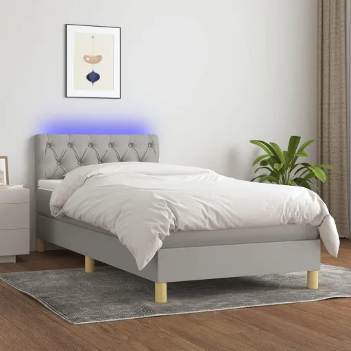 Cama Box Spring Con Colchón Tela y LED Gris Claro 80x200 cm