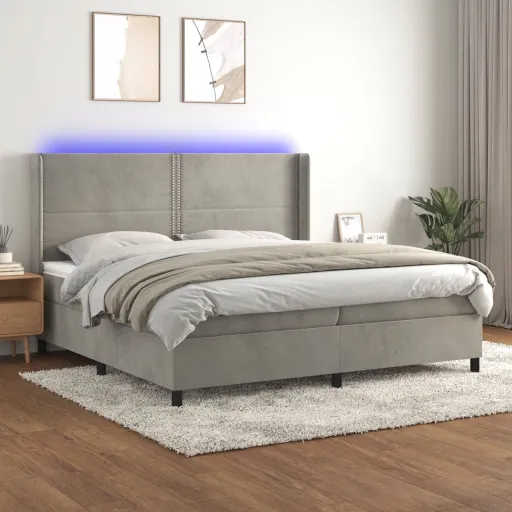 Cama Box Spring Colchón y LED Terciopelo Gris Claro 200x200 cm
