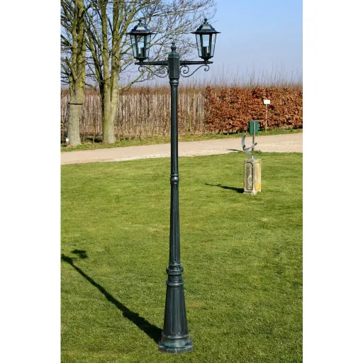 Farola de Jardín 2 Brazos 215 cm Verde Oscuro/Negro Aluminio