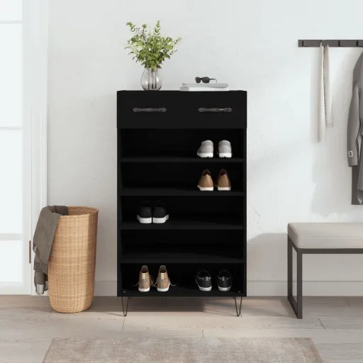 Zapatero Madera de Ingeniería Negro 60x35x105 cm