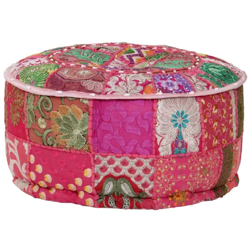Puf Redondo de Pachtwork Algodón Hecho a Mano 40x20 cm Rosa