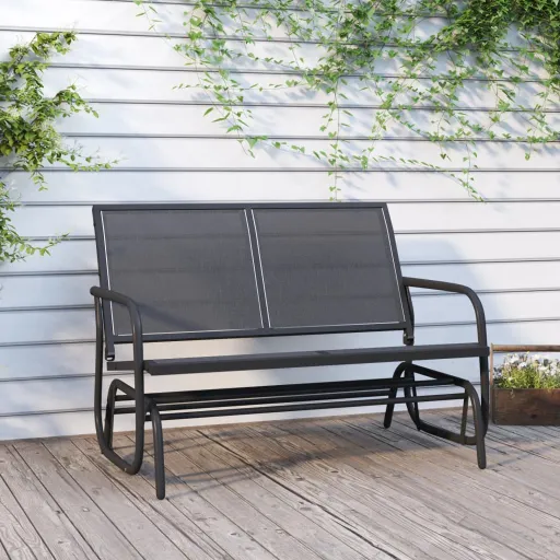 Banco Mecedora Jardín Acero y Textilene Negro 120,5x76x86,5 cm