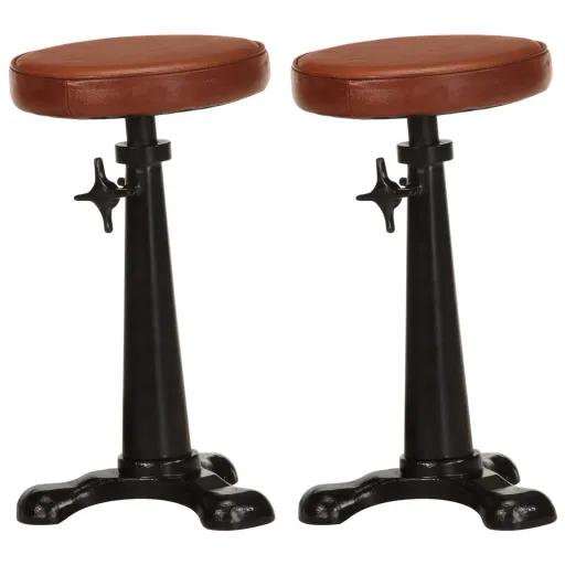 Taburetes de Cocina 2 Uds Cuero Auténtico Marrón Hierro Fundido