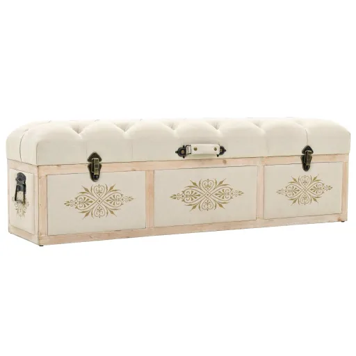Banco Con Almacenaje 110 cm Madera Maciza de Abeto Color Crema y Tela